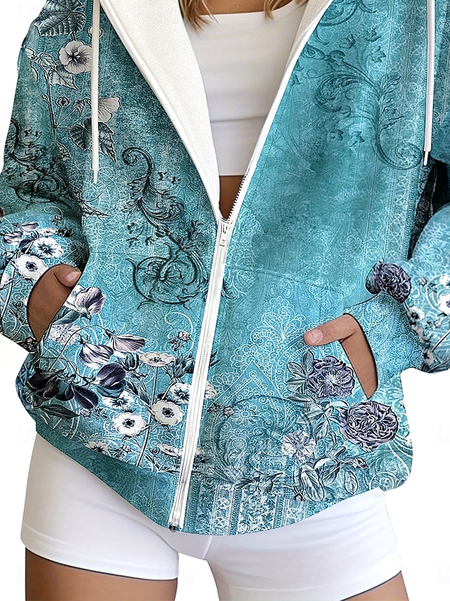 Dámské Mikiny na zip Zip Kapsy Tisk Květinový Grafika Etno Módní Na běžné nošení Dlouhý rukáv Kapuce Běžné topy Ležérní ulice Na den Kaštanově hnědá Tmavomodrá Světle modrá Podzim Zima 2026 - $36.99 –P3