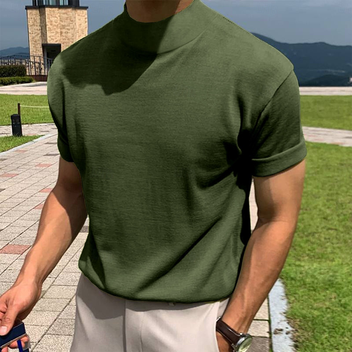 Men's T Shirt Tee Top Mock Turtleneck Short Sleeve Turtleneck Summer Spring Solid Color Classic Light Brown Top Tee for Men 2026 - $16.49 –P9