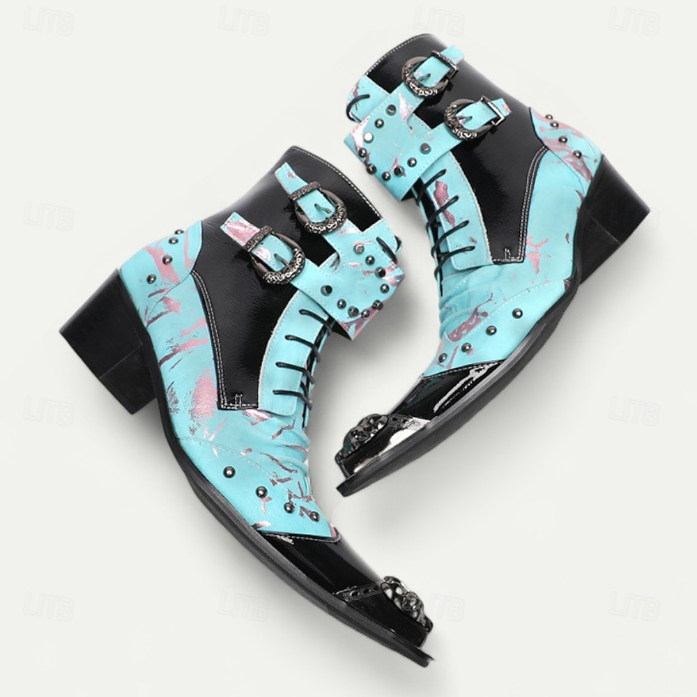 stivaletti da cowboy vintage da uomo – vera pelle di vacchetta con motivo blu, punta affilata e cinturini con fibbia per balli western, spettacoli teatrali e abbigliamento da festa del 2026 a $159.99 –P6