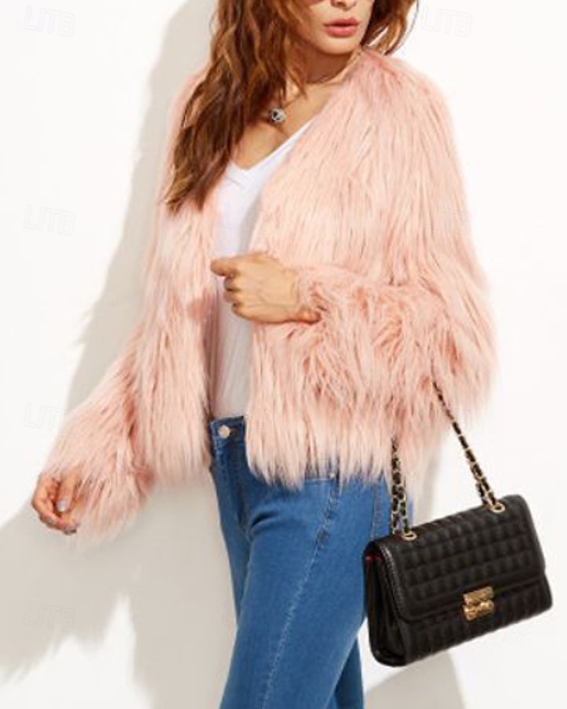 Damen Kunstpelzmantel Warm Bequem Pelze & Leder Mode Einfach Urlaub Straße Ausgehen Wochenende Regulär Rundhalsausschnitt Normale Passform Langarm Oberbekleidung Schwarz Weiß Rosa Herbst Winter 2025 - $39.99 –P3