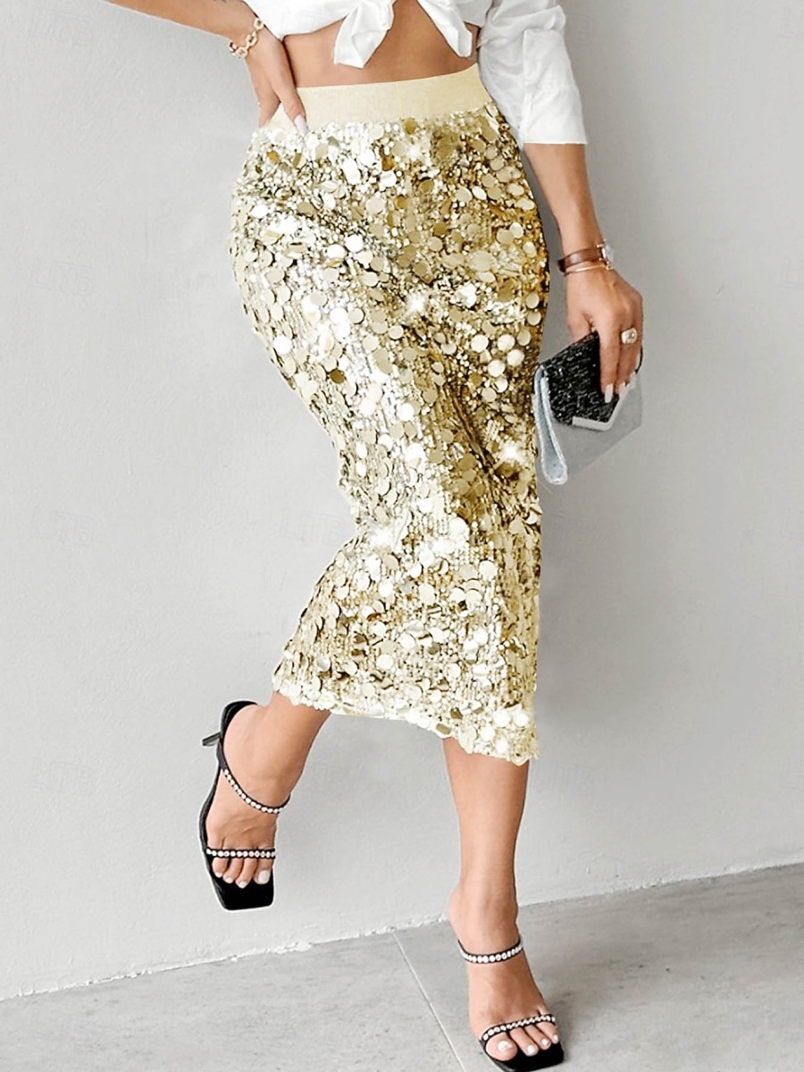 Per donna Gonna Aderente Elegante Moda Midi Vita Alta Gonne Semplice Paillettes Elasticizzato Feste Streetwear Argento Nero Oro Primavera Poliestere del 2025 a $47.99 –P8