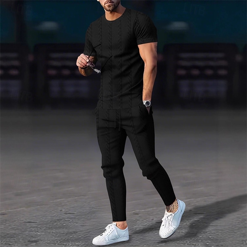 Bărbați Costume de tricou Seturi de cămașă și pantaloni tinute 2 piese Manșon scurt Crewneck Vară Primăvară Simplu Modă Casual Jacquard 2 bucăți Vacanță Purtare Zilnică Ieșire Negru Alb Kaki Top 2026 - $34.99 –P10