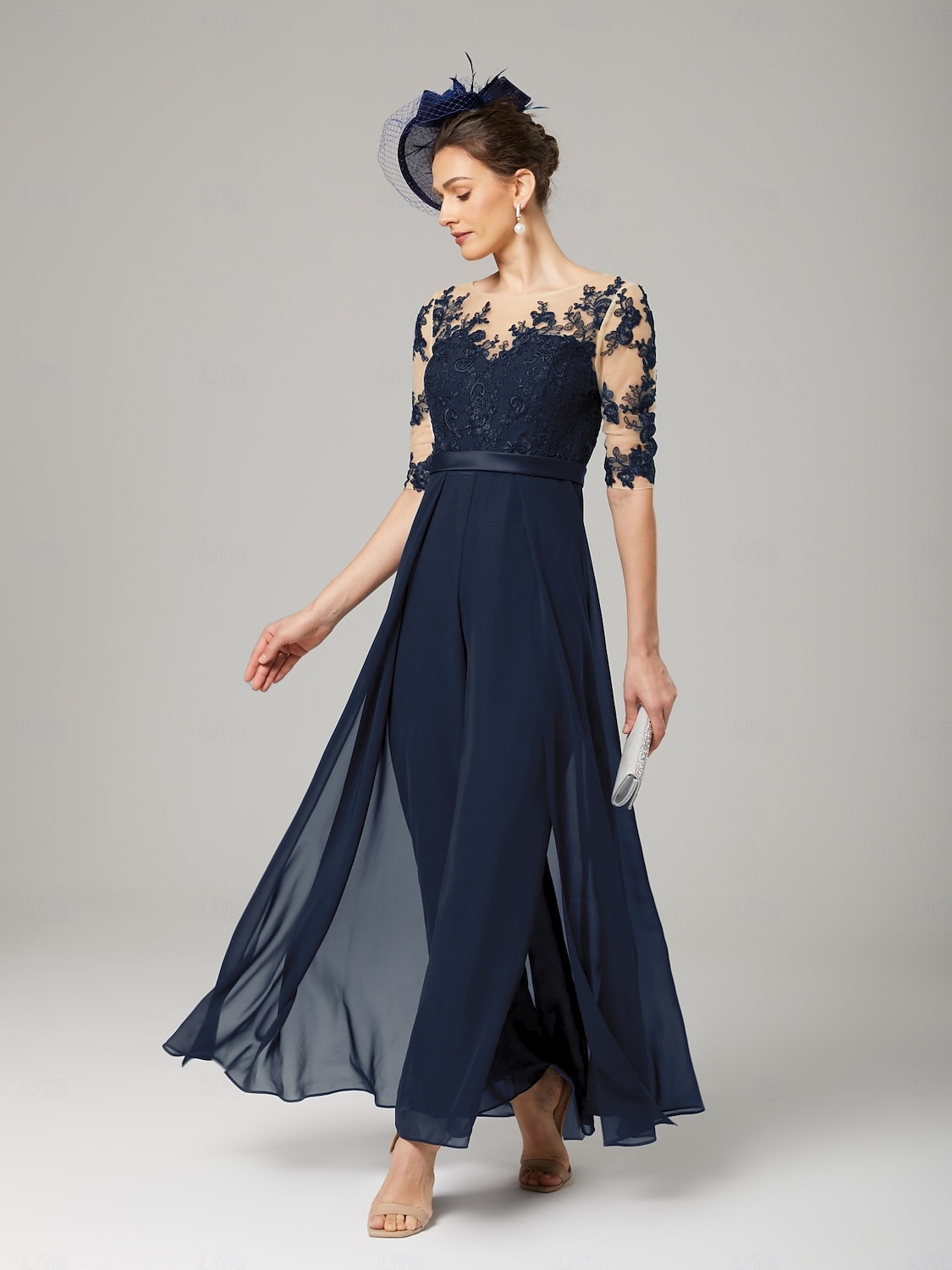 Kombinezon dla Matki Panny Młodej Formalna Gość Ślubna Elegancka Przyjęcie Wykrojony Rękaw 3/4 Długości Kostek Chiffon Koronka z Aplikacjami 2025 - $169.99 –P4