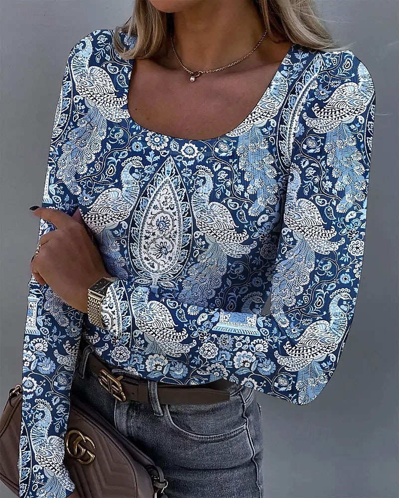 Per donna Tunica Floreale Grafico Uccello Vintage Moda Elegante Manica Lunga Collo quadrato Top Regolari Quotidiano Stampato Blu Viola Arancione Verde Primavera Autunno del 2025 a $24.99 –P1