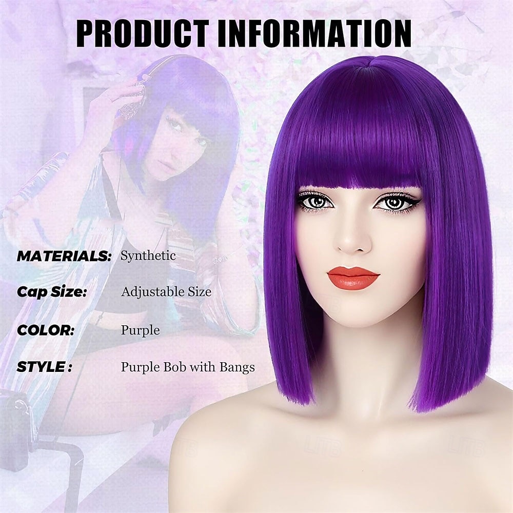 Purple Bob Wig With Bangs Short Straight Dark Purple Bob Wigs for Women Shoulder Length Heat Resistant Synthetic Flat Bang Wigs for Daily Party Cosplay Halloween or Fun 2026 - BHD 6.49 –P2