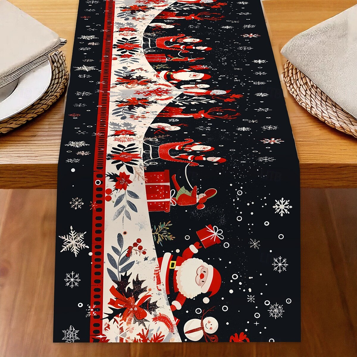 Jul Linneduk Högtids Tecknad Jultomte Snöflinga Tryck Duk Matbord Dekor Vardagsrum Bänkskiva Festlig Dekoration 2025 - $7.99 –P11