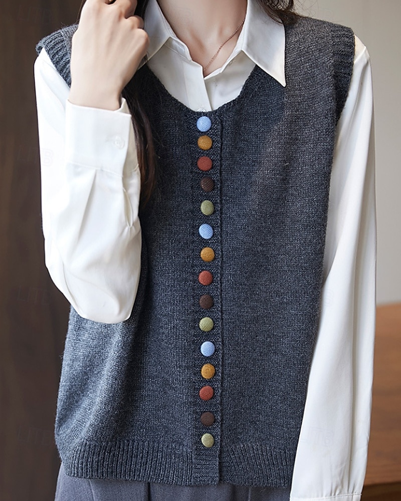 Women's Sweater Sweater Vest Streetwear Casual Solid Color Crew Neck Buttons Knitted Sleeveless Regular Tops Knit Daily Holiday Going out Black Red Fall Winter 2025 - $28.99 –P5