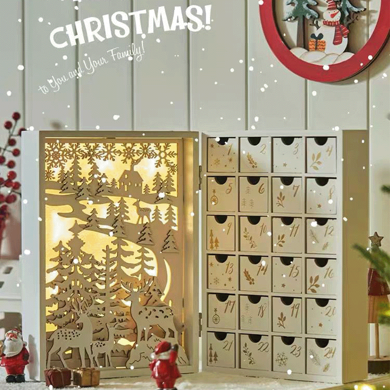 Ξύλινο Χριστουγεννιάτικο Ημερολόγιο Advent Σκηνή Γέννησης Σπίτι Με Κουτιά 24 Συρταριών και Ζεστά LED Χριστουγεννιάτικη Διακόσμηση 2025 - $88.99 –P7