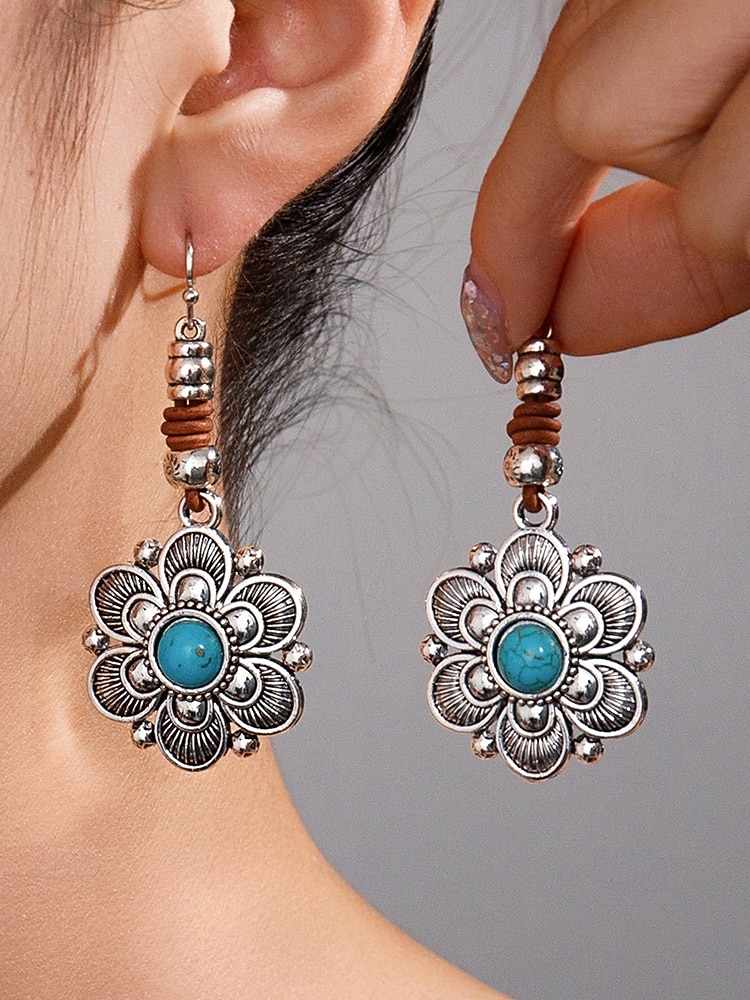 Boheemse oorbellen met bloemen en turquoise steen voor dames, vintage oorbellen van legering voor casual gebruik, op het strand en op feestjes 2026 - $7.99 –P4