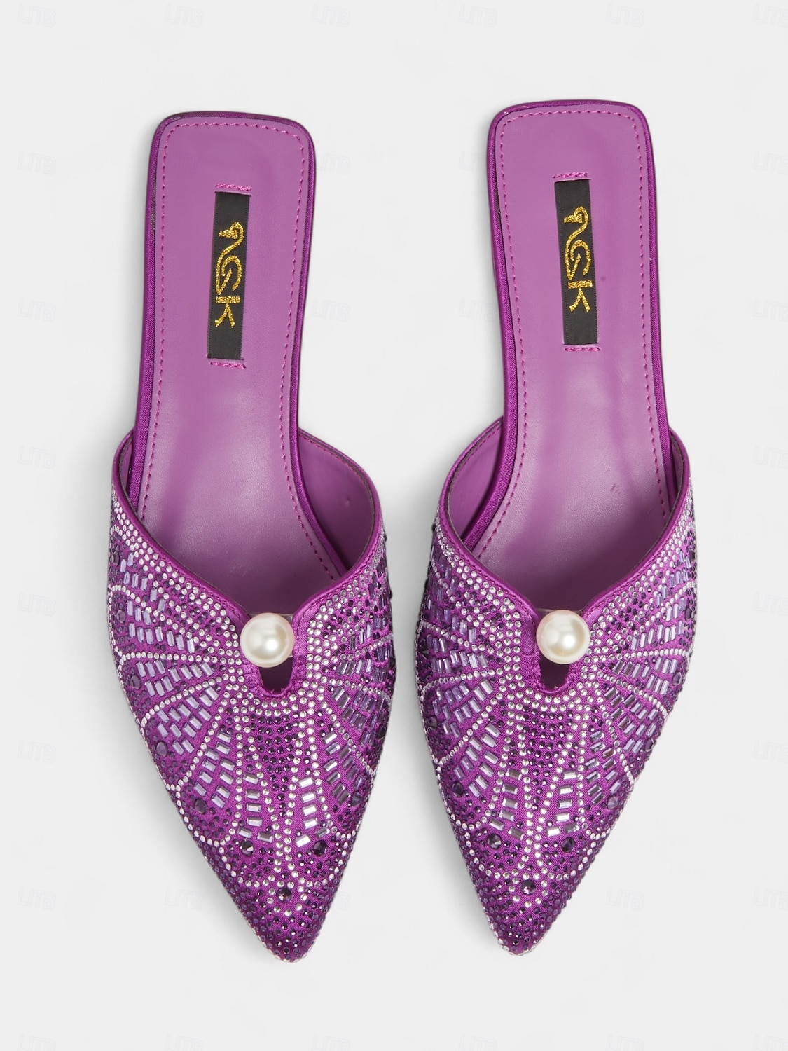 mules femininas com strass dourados e detalhes em pérolas - sapatos glamorosos de bico fino e sem cadarço para a vida noturna e coquetéis de 2025 por $32.99 –P1