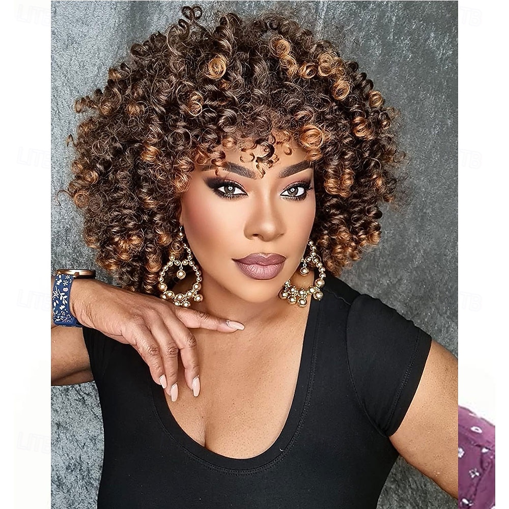 14-calowe czarno-brązowe kręcone peruki dla kobiet, krótkie, kręcone peruki afro z grzywką, naturalne, miękkie, sprężyste, puszyste, odporne na ciepło, syntetyczne włosy peruka z lat 70. na co dzień 2026 - $24.99 –P3