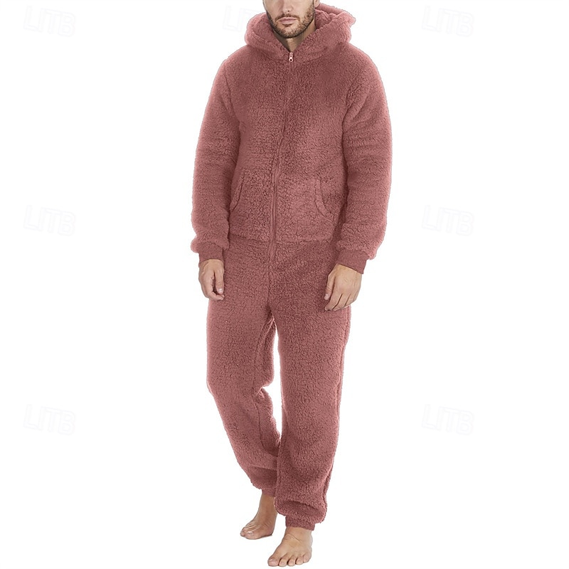 Men's Loungewear Bodysuits Sleepwear 1 PC Plain Warm Fashion Stylish Home Daily Bed Sherpa Polar Fleece Thermal Warm Comfort Soft Hoodie Long Sleeve Pocket Fall Winter Light Pink Black 2026 - $46.99 –P15