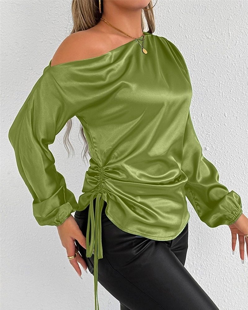 Mulheres Camisa Social Elegant Elegante Top de cetim Assimétrico Tecido à moda Casual Manga Longa ombro frio Tops regulares Diário Para Noite Preto Verde Primavera Outono de 2026 por $28.99 –P9