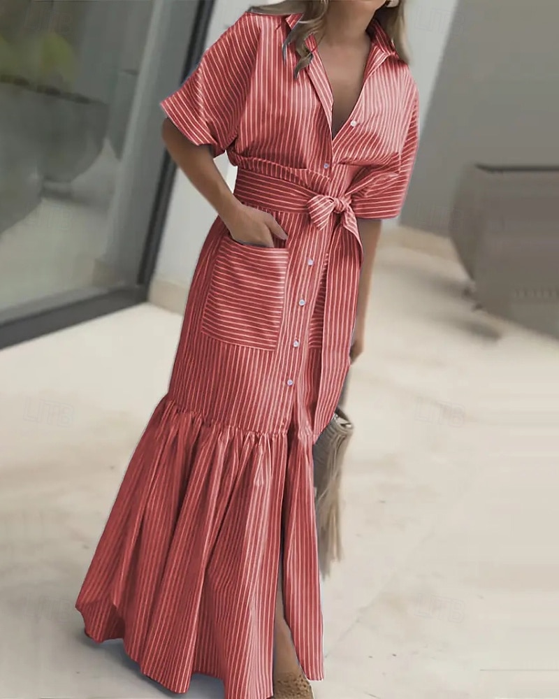 Per donna Abito Lungo Maxi Abito Abito Camicia Moderno Quotidiano All'aperto Vacanza Vestibilità regolare A righe Manica Corta Girocollo Colletto a Camicia Blu Magenta Nero Rosa Primavera Autunno del 2026 a $29.99 –P16
