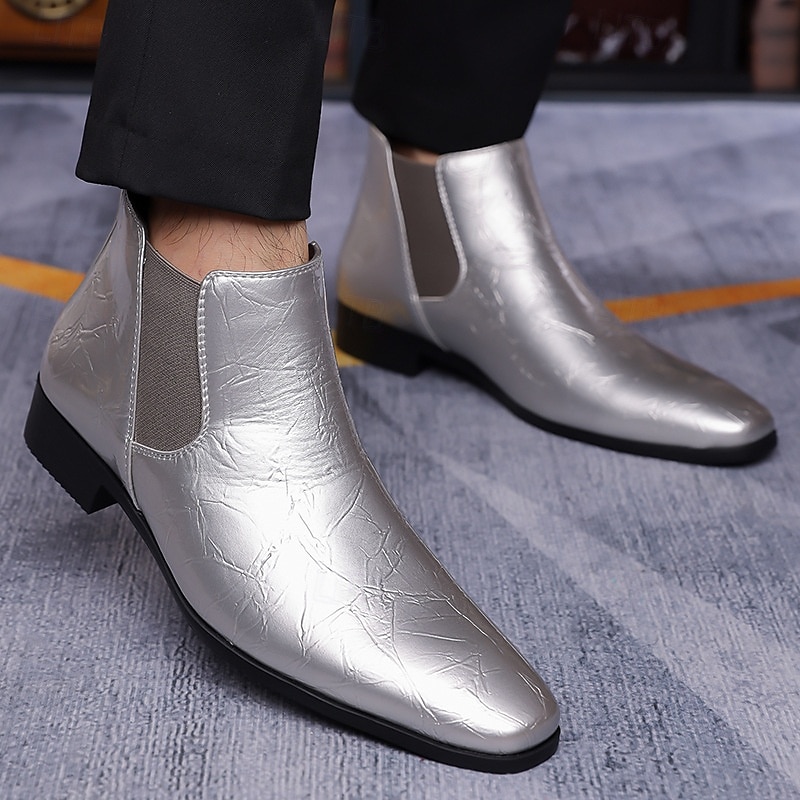 Botas Chelsea masculinas com relevo dourado – botas de cano curto de couro sintético com acabamento brilhante, sapatos formais elegantes para casamentos, festas e apresentações no palco de 2025 por $42.99 –P13
