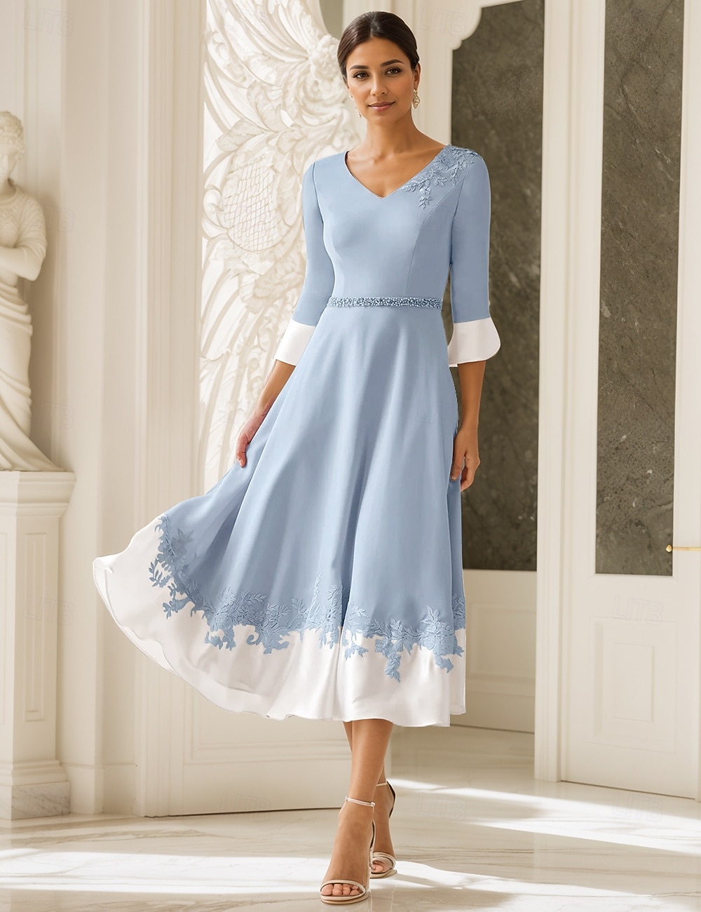 Strandhochzeit A-Linien Kleid Mutter der Braut Hochzeitsgast Kirche Elegant V-Ausschnitt Tee-Länge Stretchstoff Halbärmel mit Applikationen 2025 - $169.99 –P1