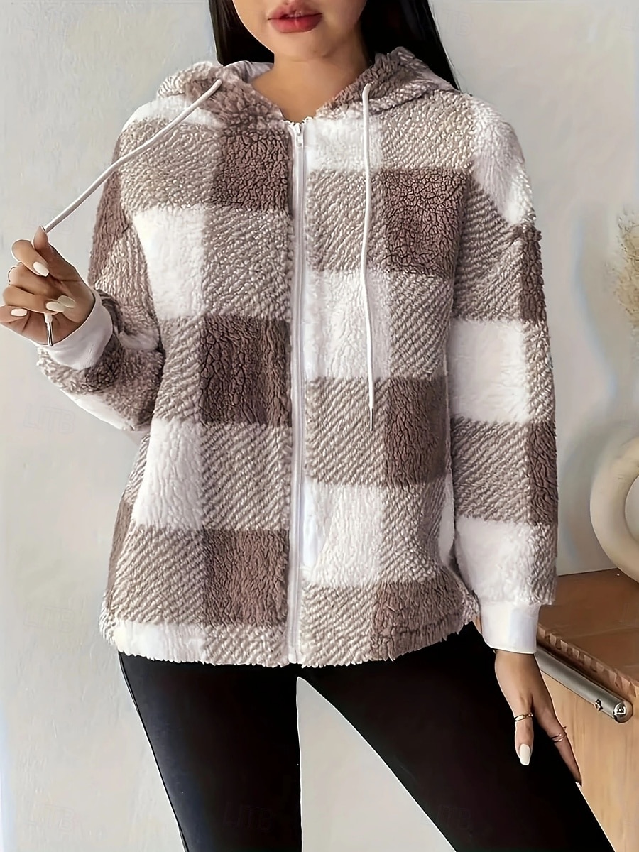 Жен. Флисовая жилетка Пальто тедди Удобный Дышащий Карман Пуговицы С принтом На каждый день В клетку Отпуск Для улицы Повседневные На каждый день Молния Обычная Капюшон Стандартный Длинный рукав 2025 - $43.99 –P5