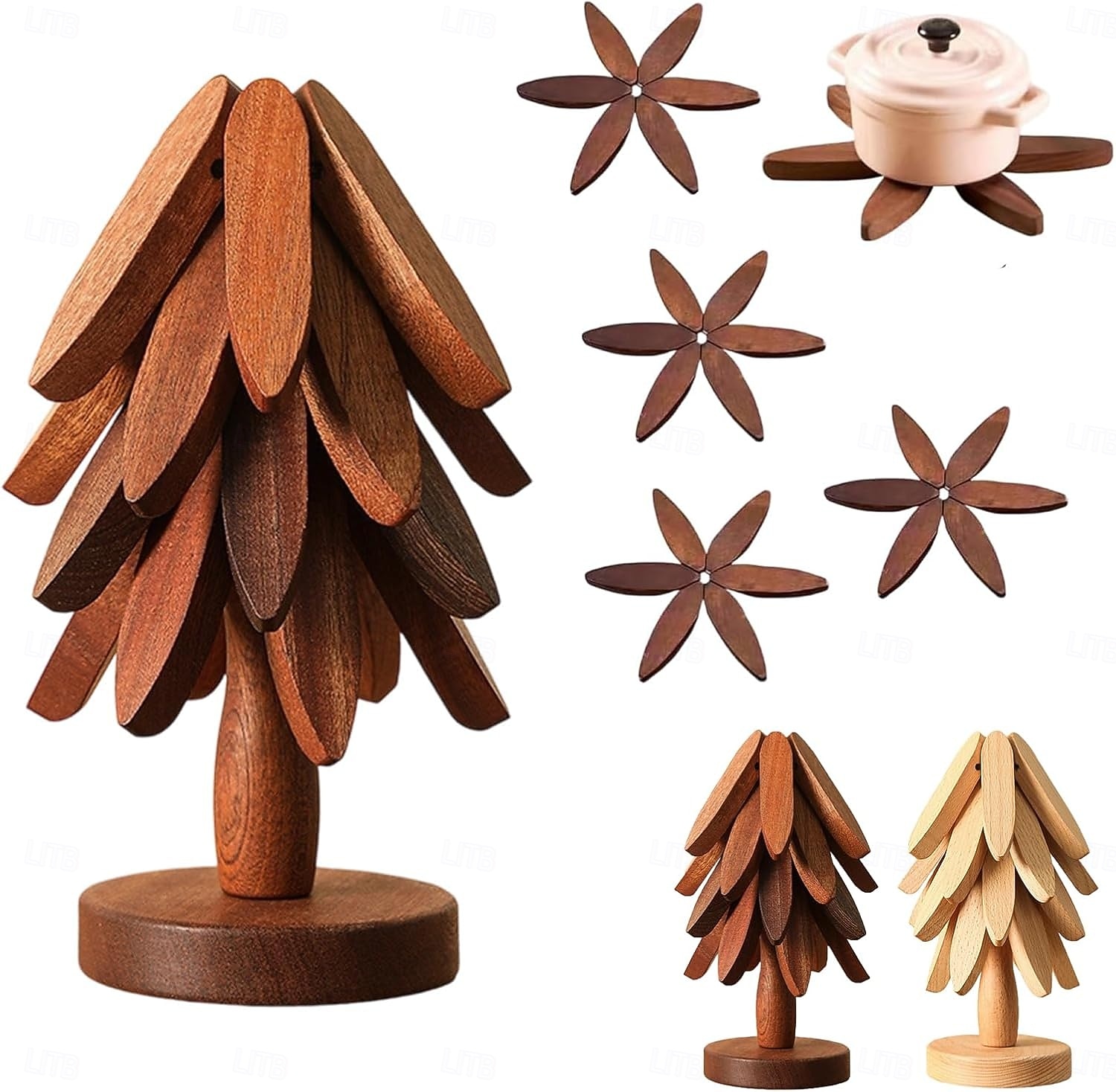 ensemble de dessous de plat en bois naturel, 3/4/5 dessous de plat en bois &1 support comme un sapin de Noël, dessous de plat de cuisine pliable naturel pour casseroles, poêles, bols &théières de 2025 ? $12.99 –P4