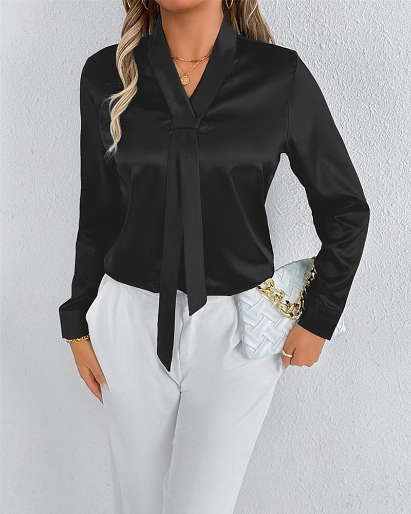 Per donna Camicia Camicia in raso Tinta unica Elegante Casual Manica Lunga Scollo a V Top Regolari Quotidiano Uscire Nodo frontale Nero Bianco Primavera Autunno del 2025 a $18.99 –P7