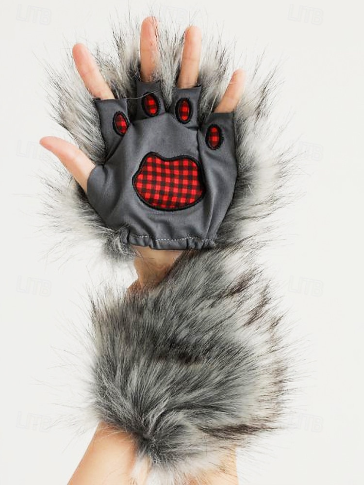 Женские пушистые перчатки в виде лапы оборотня – аксессуары для косплея на Хэллоуин, пушистые варежки в виде когтей монстра для вечеринок и нарядов 2026 - $11.99 –P6