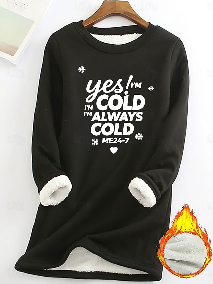 2025年 レディース プルオーバー スウェットシャツ yes im cold グラフィック レター 暖かい カジュアル ふわふわ 長袖 クルーネック ラウンドネック ロング トップス ストリート カジュアル ライトピンク ブラック ダークピンク ブルー 春 秋 冬  コレクション – $23.99 –P8
