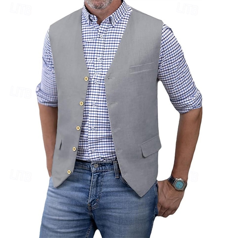 Per uomo Gilet Vacanza Feste Affari Moda Casual Primavera Autunno Tasca Bottoni 75% cotone Confortevole Semplice Monopetto Un Bottone Scollo a V Vestibilità regolare Argento Nero Bianco Champagne del 2025 a $39.99 –P5
