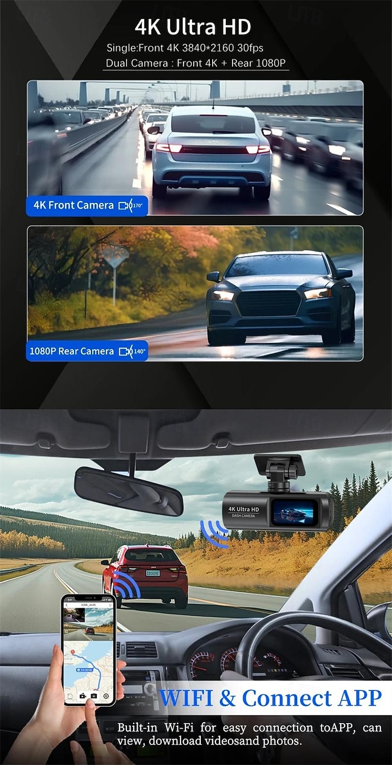 High-definition 4K front and 1080P rear dual-lens dash cam with WiFi mobile connectivity car DVR loop recording comes with a 32GB memory card. 2025 - $69.99 –P2