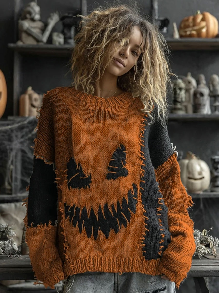 Női Pulóver aranyos stílus Utcai sikk Alkalmi Grafika Tök Terített nyak Kollázs Kötött Hosszú ujj Normál felsők Kötött Halloween Narancssárga Lóhere Ősz Tél 2025 - $29.99 –P3