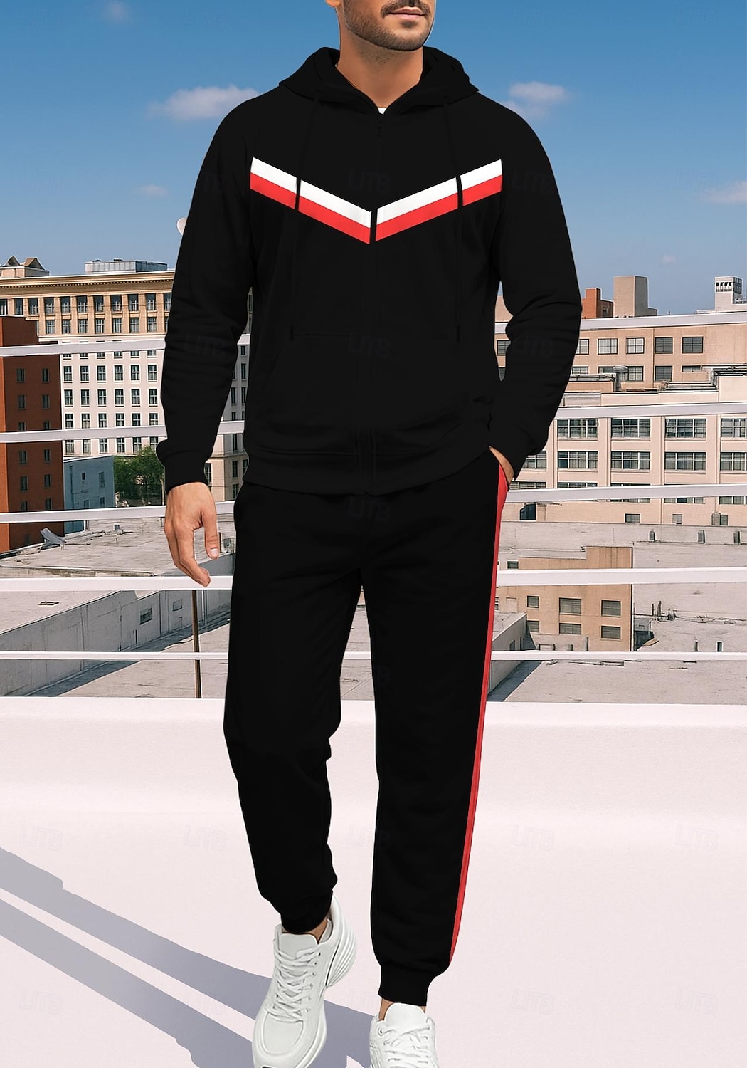 Hombre Sudadera Tracksuit Sudadera con cremallera Correa Bolsillos Geométrico Pantalones Sudadera Sudadera con capucha y Pantalones Otoño Rojo / negro Entrenamiento de gimnasio Casual Baloncesto 2025 - $41.99 –P1