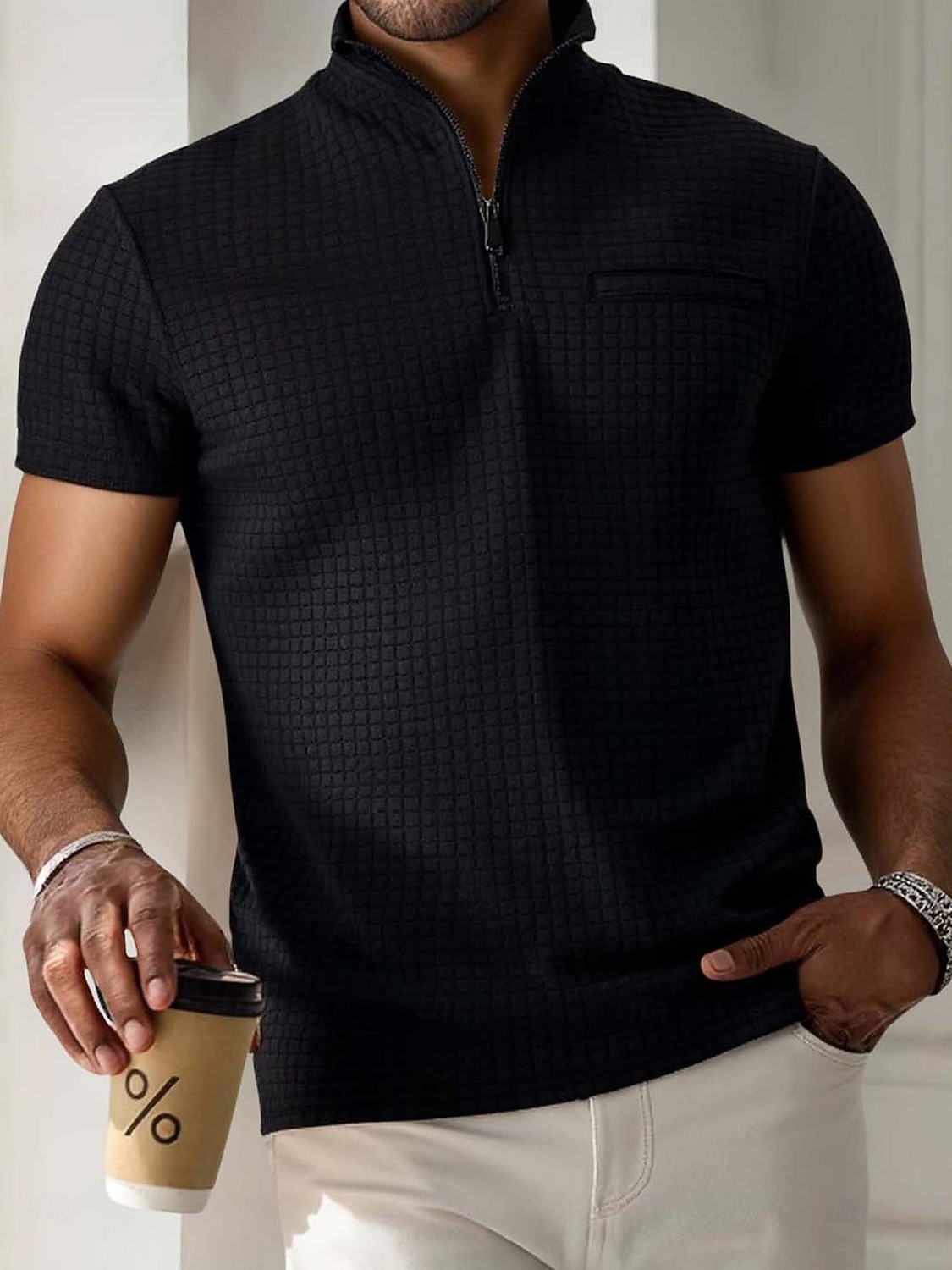 Herre Vaffel poloskjorter Zip Polo Avslappet Ferie Quarter Zip Kortermet Mote Grunnleggende عادي Quarter Zip Sommer Vår Alle årstider Slank Fasong Svart Hvit Navyblå Oransje Vaffel poloskjorter 2026 - $20.99 –P3
