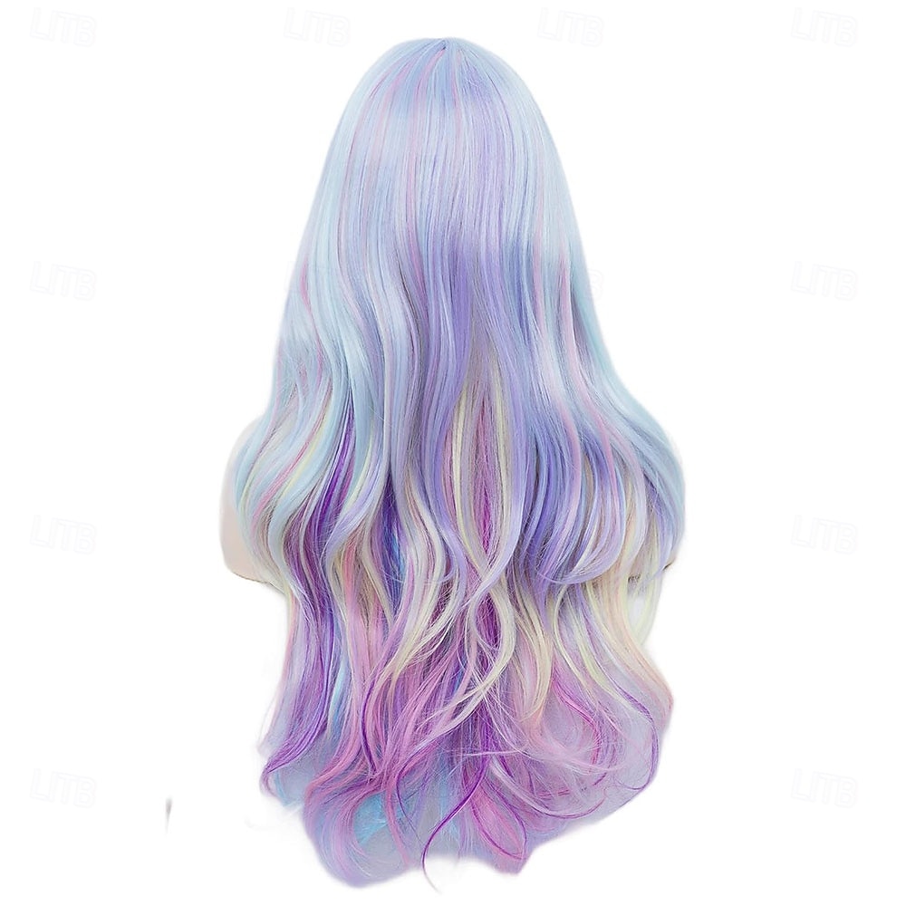 2025年 Rugelyss レインボー カラフルウィッグ 女性用 26インチ ウェーブ ファッション 合成フルヘッドヘアウィッグ 前髪付き コスプレやパーティーに最適  コレクション – $23.99 –P3