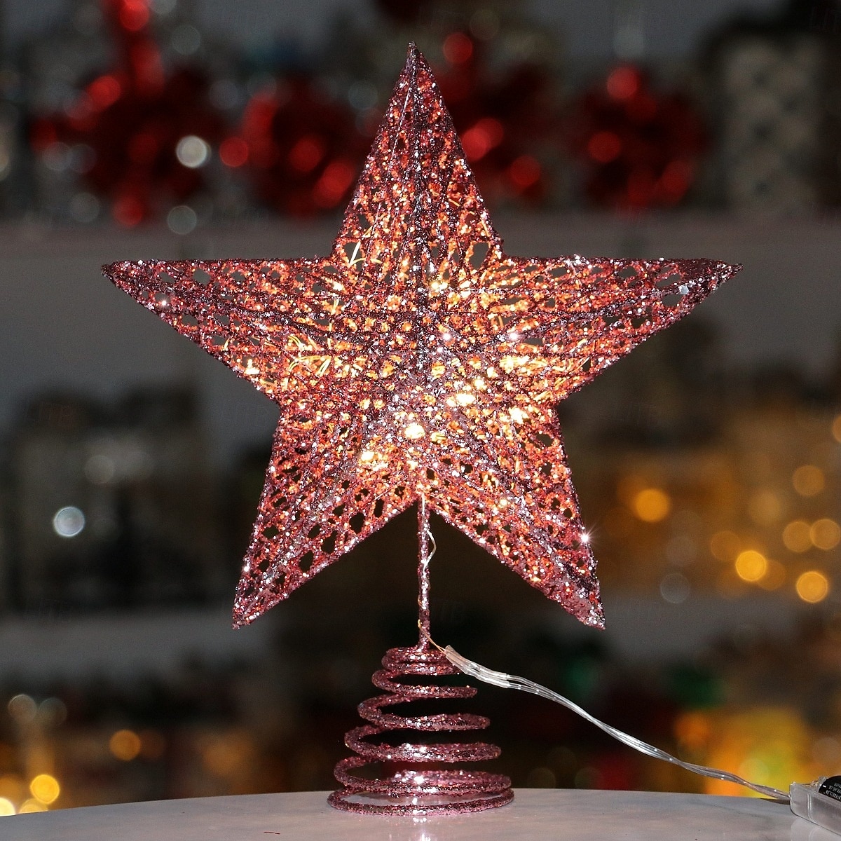 Puntale per albero di Natale con stella e luce a LED, stella a cinque punte in ferro 3D con glitter, decorazione per albero da appendere, regalo per decorazioni natalizie da tavolo per la casa del 2025 a $6.99 –P11