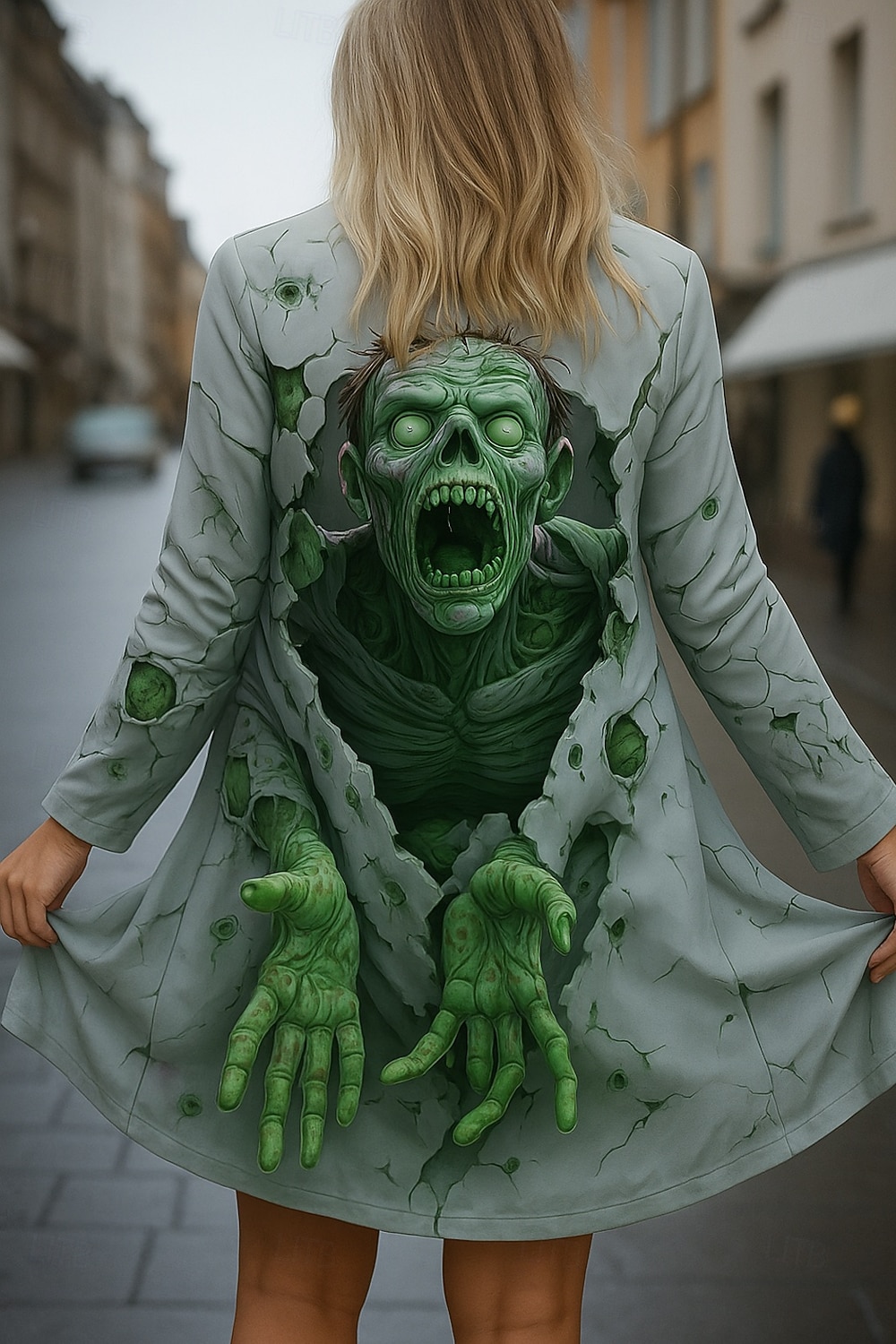 pelerine / pelerine pentru femei cu craniu de Halloween, uscare rapidă, tricotaje ușoare, active, exagerate, 3D, casual, lungi, fără guler, croială regulată, mâneci lungi, haine de exterior, verde 2025 - $23.99 –P1
