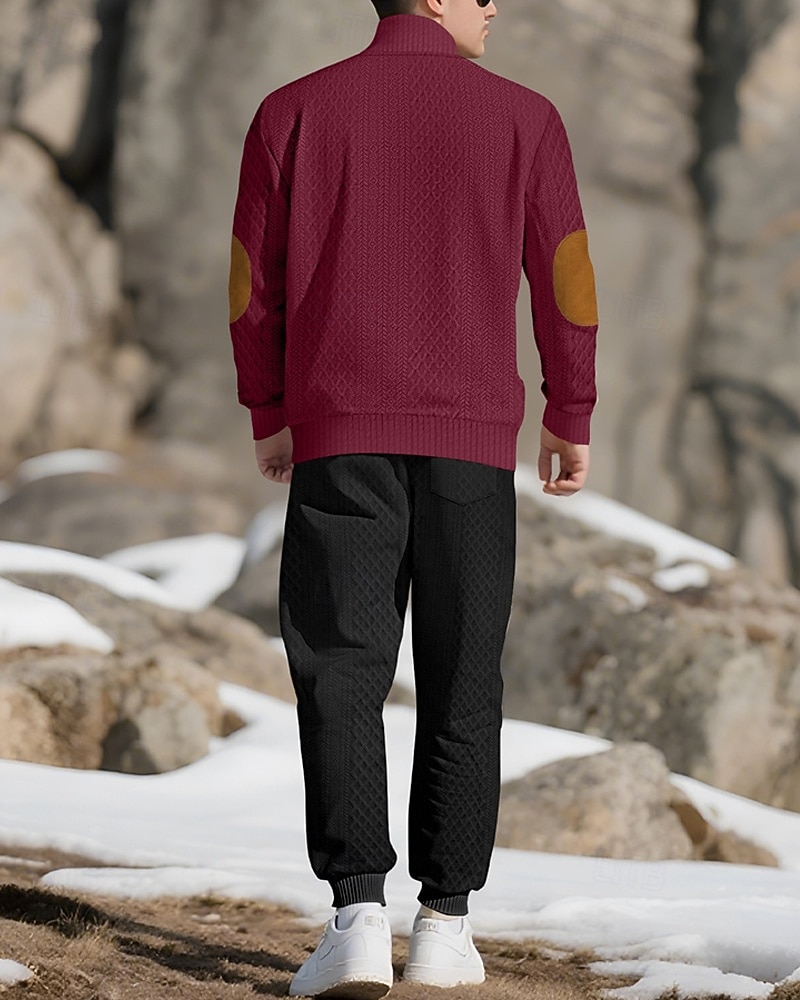 Men's Sweatshirt Tracksuit Outfit Set Stand Collar Outdoor Daily Sports Jacquard Drawstring Button Up Color Block Wine Red Black White Polyester Activewear Fashion Streetwear Spring 2025 - $52.99 –P10