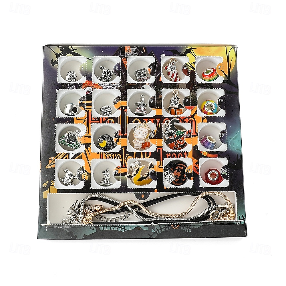 Calendario dell'avvento di Halloween, bracciale con ciondoli, tesori di Halloween, kit fai da te per la creazione di gioielli da 24 giorni con 20 perline con ciondoli e 3 braccialetti regolabili, regalo per il conto alla rovescia di Natale per bambini, ad del 2026 a $23.99 –P4