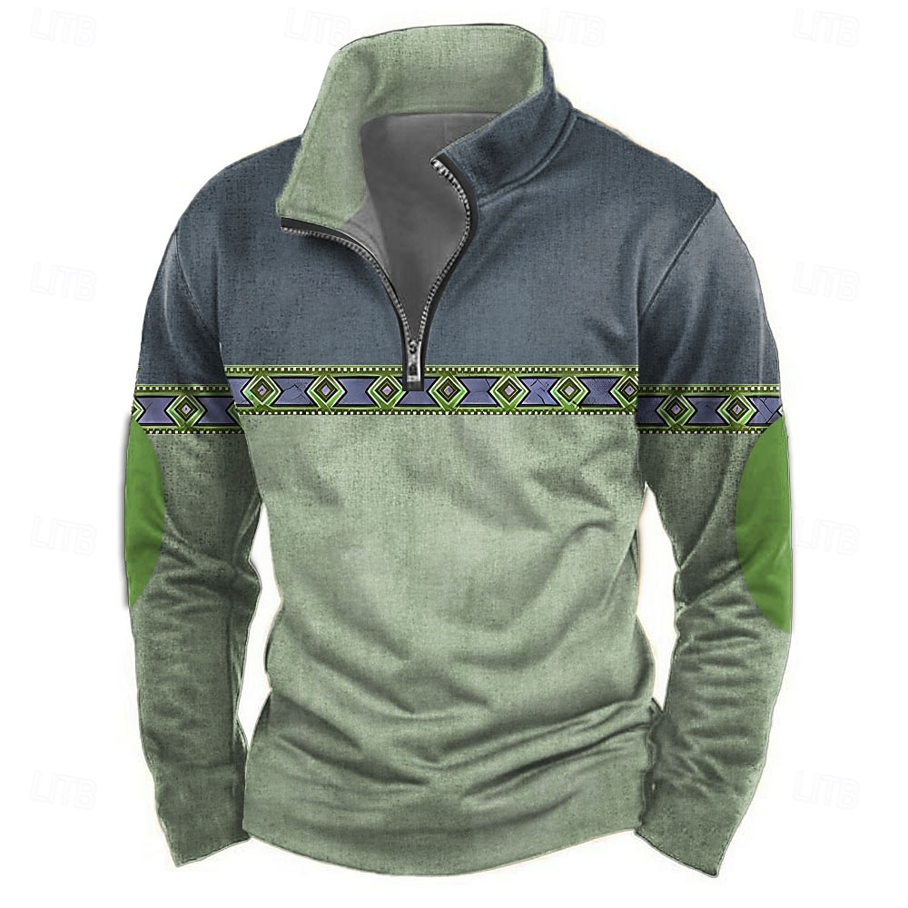 Herren Stammes Pullover Ethnisch Vintage-Retro Langarm Hoher Ausschnitt Outdoor Sport im Freien Blau Grün Khaki Reißverschluss Viertel Postleitzahl Herbst Winter Designer S M L XL XXL 3XL 2026 - $30.99 –P2
