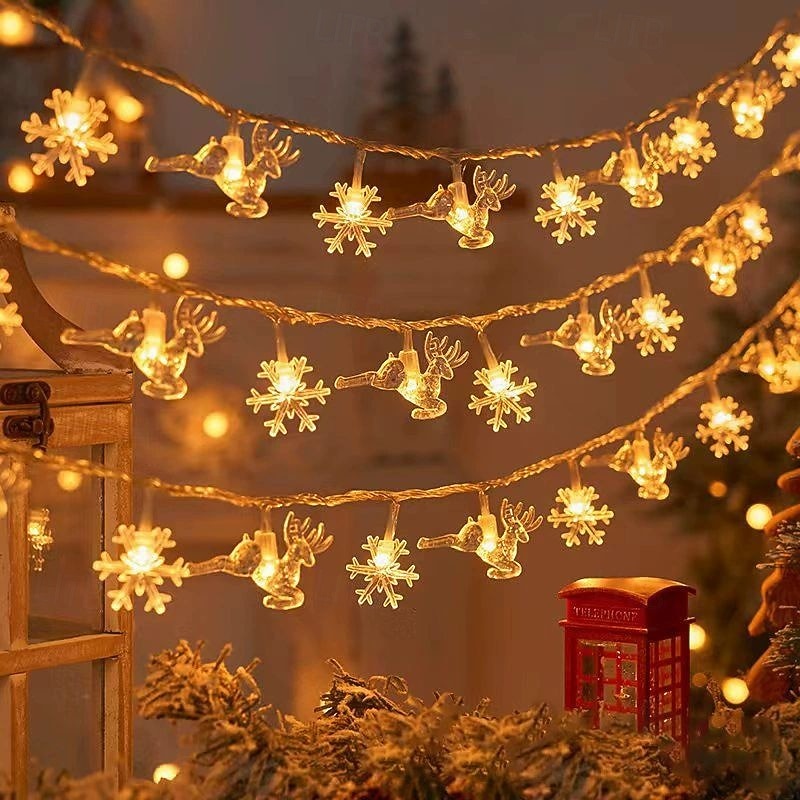 2025年 クリスマス LED スノーフレーク エルク スター フェアリー ストリングライト 10/20/40LED 新年 ウェディング ガーランドライト 電池式 ホリデーパーティー 雰囲気 デコレーション  コレクション – $12.99 –P1