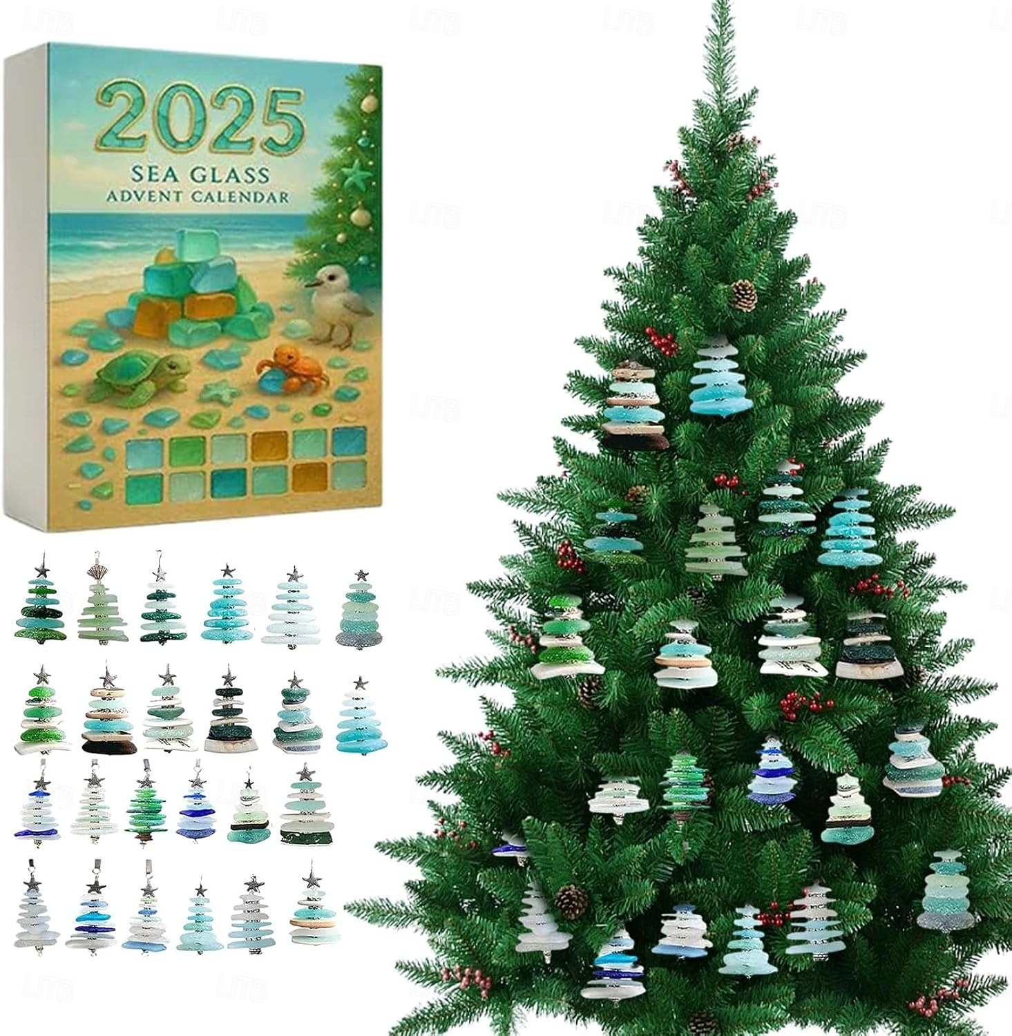 2025年 シーグラスのクリスマスツリーアドベントカレンダー、2Dアクリルシーグラスツリー、24日間のクリスマスカウントダウンカレンダー、24個のミニチュアクリスマスツリーオーナメント、海をテーマにしたホリデーサプライズ  コレクション – $19.99 –P2