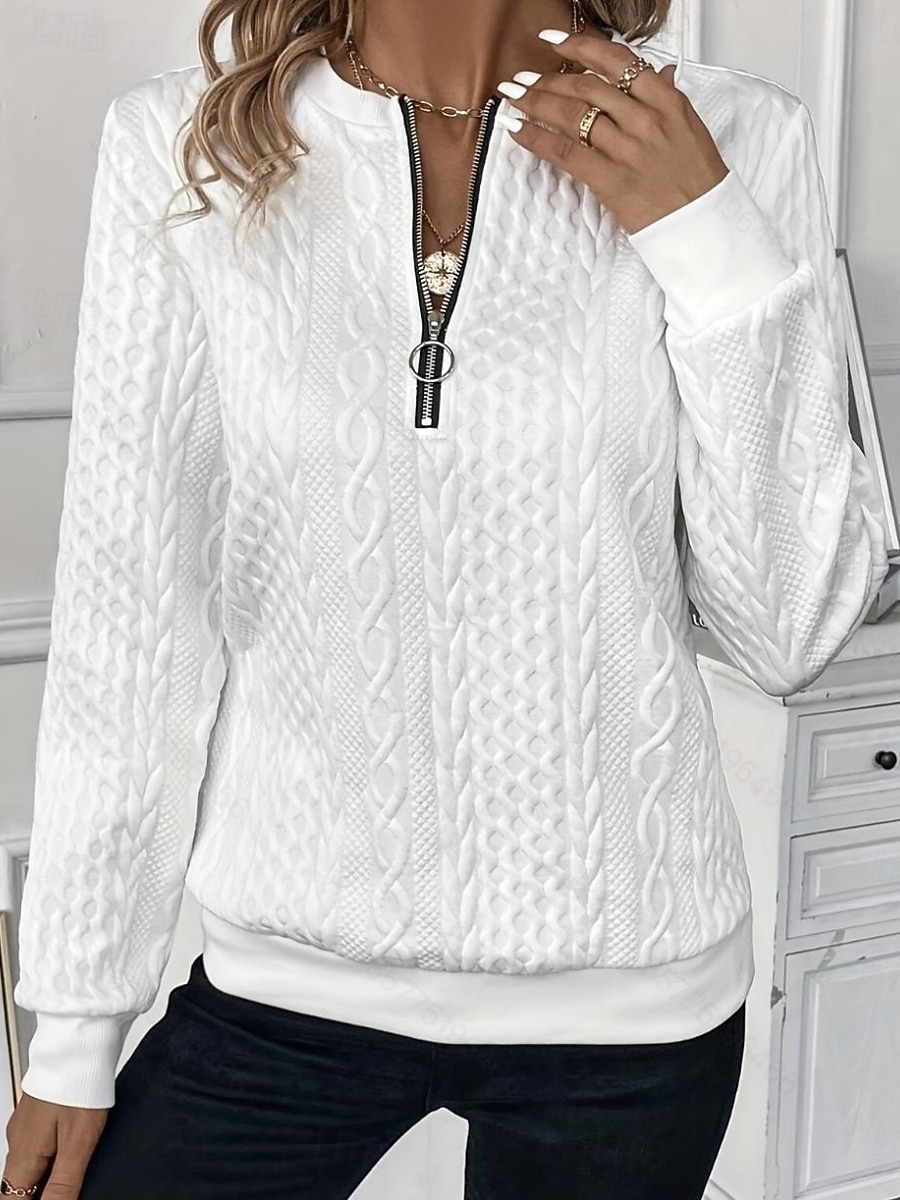 Mujer Blusa Cremallera Color sólido Elegante Casual Manga Larga Cuello Barco Tops regulares Diario Azul Piscina Negro Blanco Rosa Primavera Otoño Invierno 2026 - $27.99 –P3
