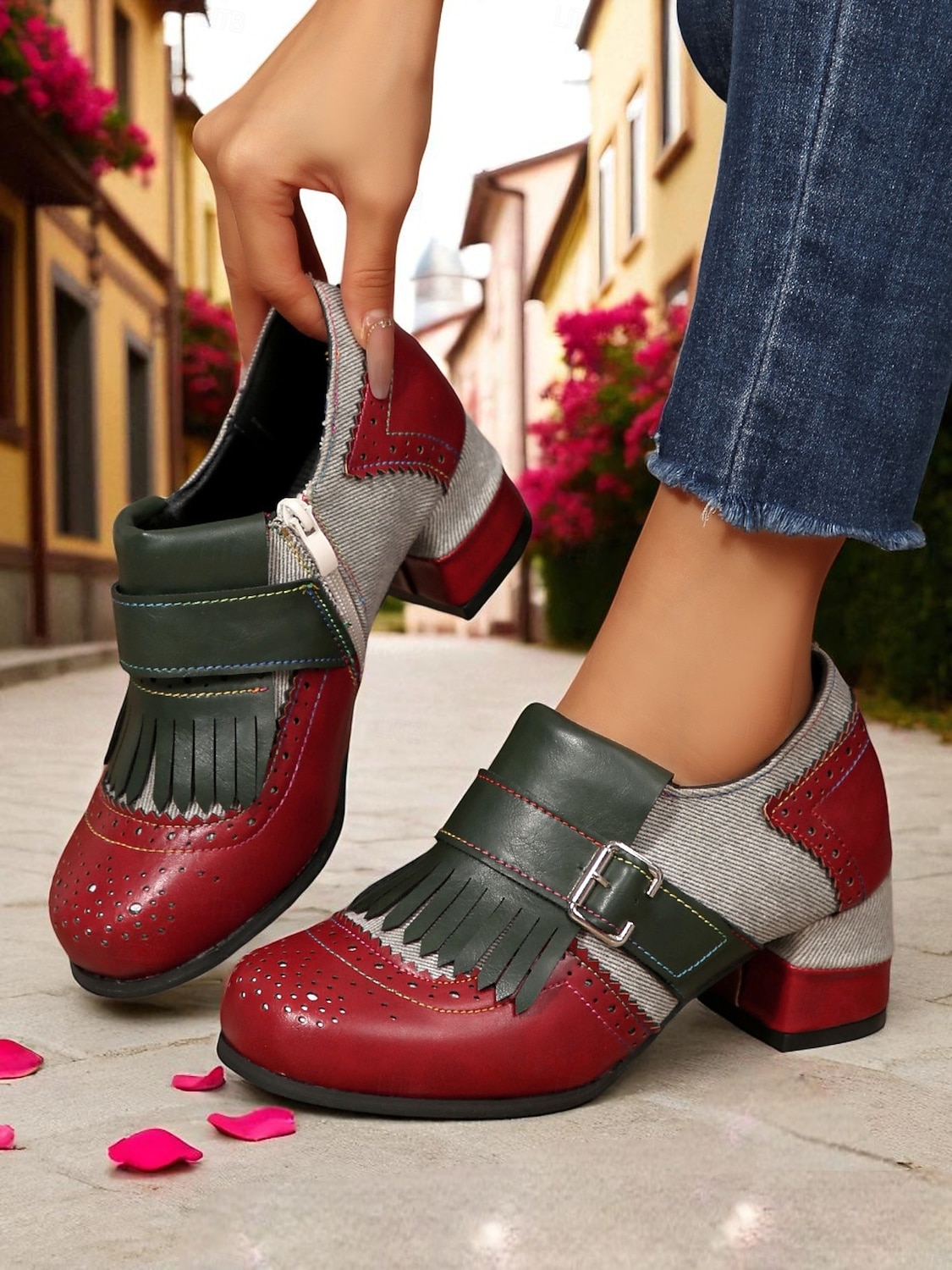 Damen-Oxfords im Retro-Stil der 1950er Jahre mit T-Riemen und Blockabsatz und Fransen, einzigartiges Farbblockdesign für den Freizeit-, Alltags- und Streetstyle. 2026 - $46.99 –P5