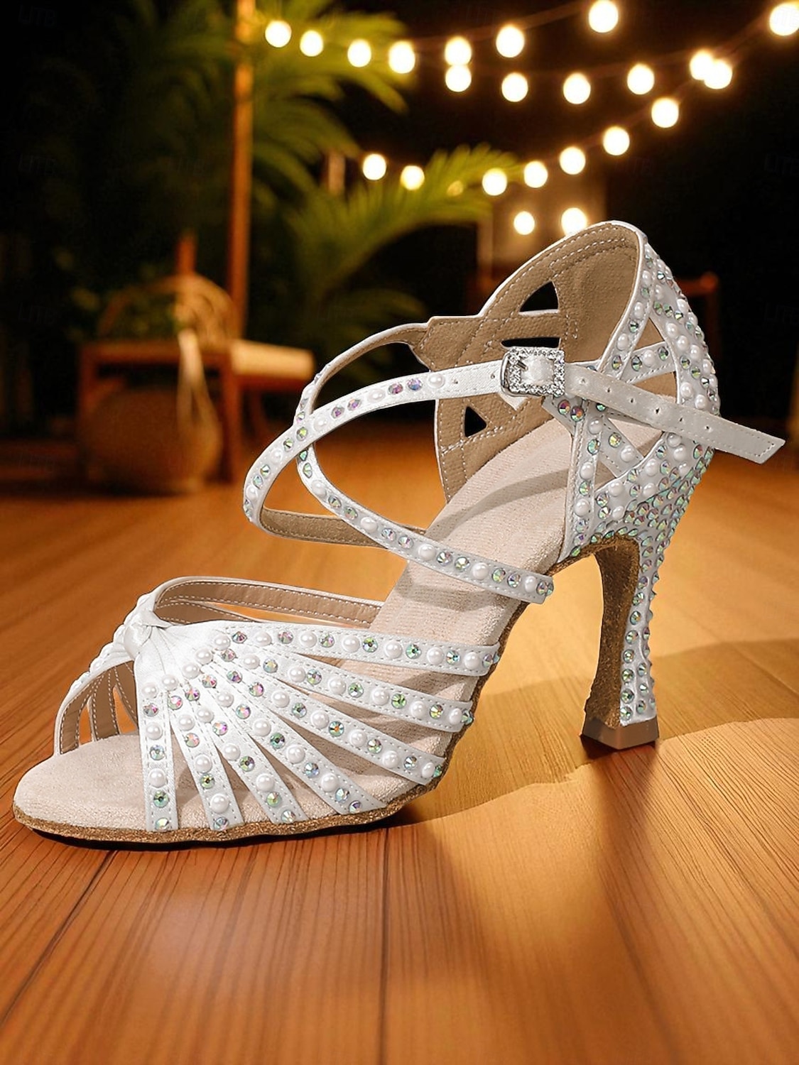 Zapatos de baile latino con tiras y hebillas de diamantes de imitación blancos para mujer: sandalias profesionales de salsa para fiestas Gatsby y eventos de baile vintage. 2026 - $69.99 –P7