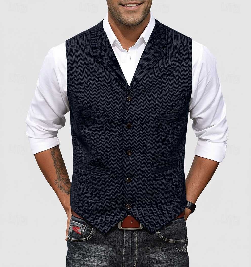 Per uomo Gilet in tweed Gilet Formale Matrimonio Vacanza Casuale Vintage Moda Primavera Autunno Tasca Bottoni Poliestere Tweed Confortevole Semplice Spina di Pesce Monopetto Scollo a V Con intaglio del 2026 a $37.99 –P4