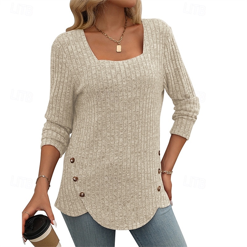 Femmes T-shirt Uni Élégant Mode Basique manche longue Col carré Hauts Réguliers Quotidien Week-end Patchwork Noir Bleu Violet Vert Blanc Ecru Printemps Automne Hiver de 2025 ? $23.99 –P3