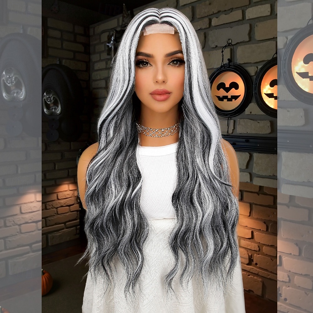 Synthetic Lace Wig Curly Style 26 inch Mixed Color Middle Part U Part Wig Women's Wig Black & White 2025 - $40.99 –P2