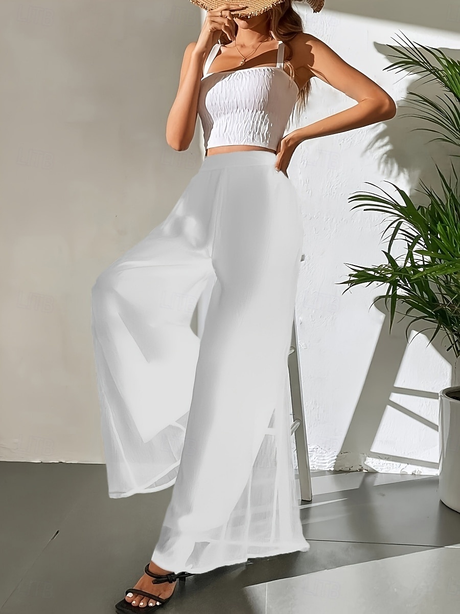 Mulheres Perna larga chinês Moda Roupa de rua Básico Comprimento total Cintura Alta Tecido Cintura elástica Confortável Macio Com Stretch Ao ar livre Rua Casual Marron Escuro Vinho Preto Branco Verão de 2025 por $26.99 –P8