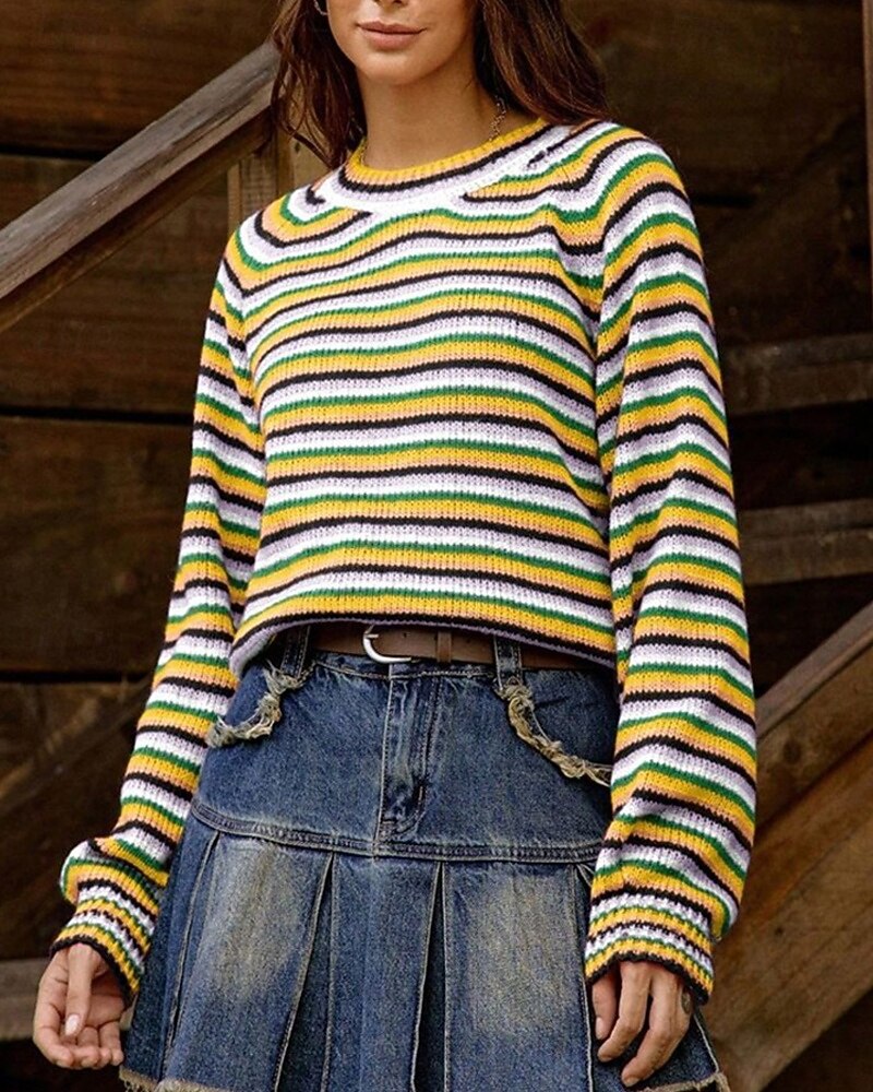 Femmes Pull Mode Occasionnel Rayé Côtelé Col ras du cou Tricoté manche longue Hauts Réguliers Tricoter Extérieur Quotidien Week-end Jaune Automne Hiver de 2025 ? $28.99 –P4