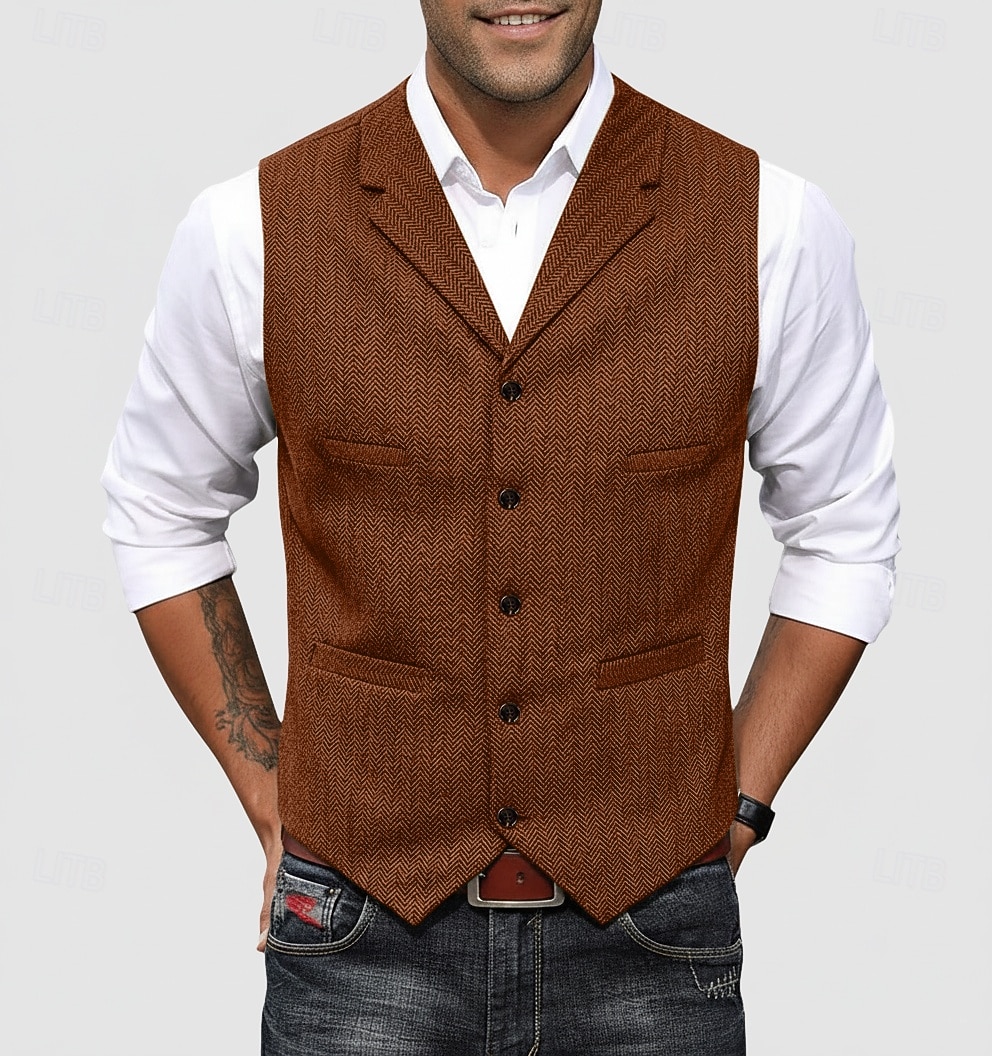 Per uomo Gilet in tweed Gilet Formale Matrimonio Vacanza Casuale Vintage Moda Primavera Autunno Tasca Bottoni Poliestere Tweed Confortevole Semplice Spina di Pesce Monopetto Scollo a V Con intaglio del 2026 a $37.99 –P3