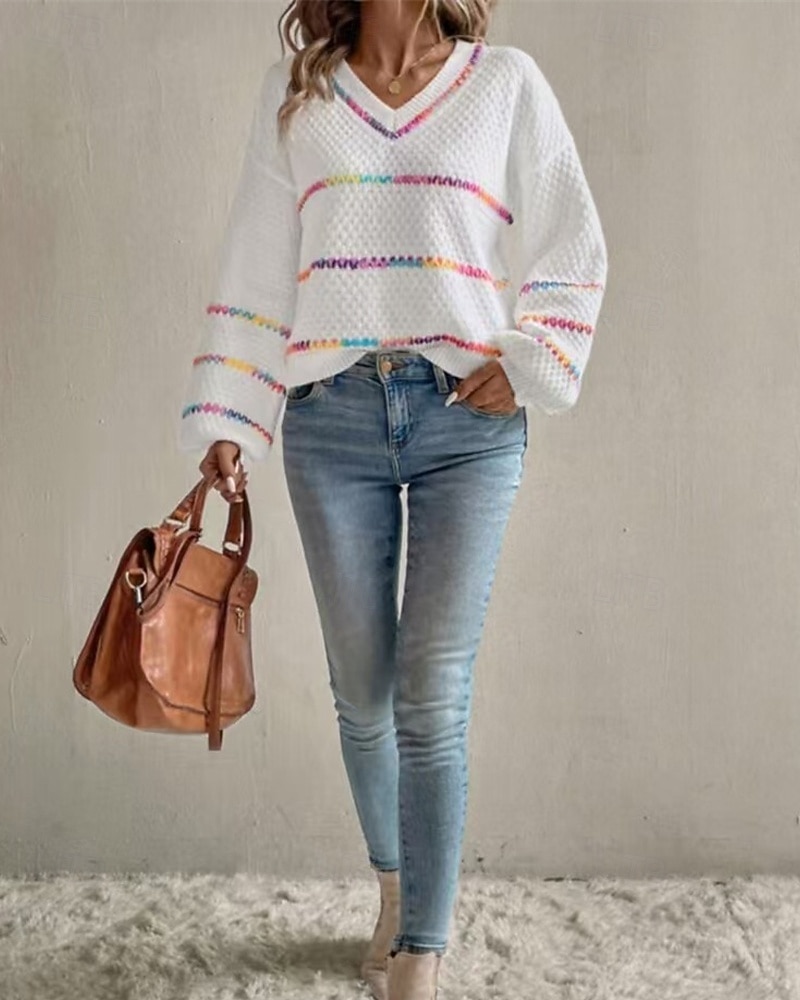 Dámské Svetr Rolák Denní stylové Na běžné nošení Proužky Rýhovaný Do V Pletený Dlouhý rukáv Běžné topy Plést Denní Dovolená Jdeme ven Černá Bílá Podzim Zima 2026 - $36.99 –P4