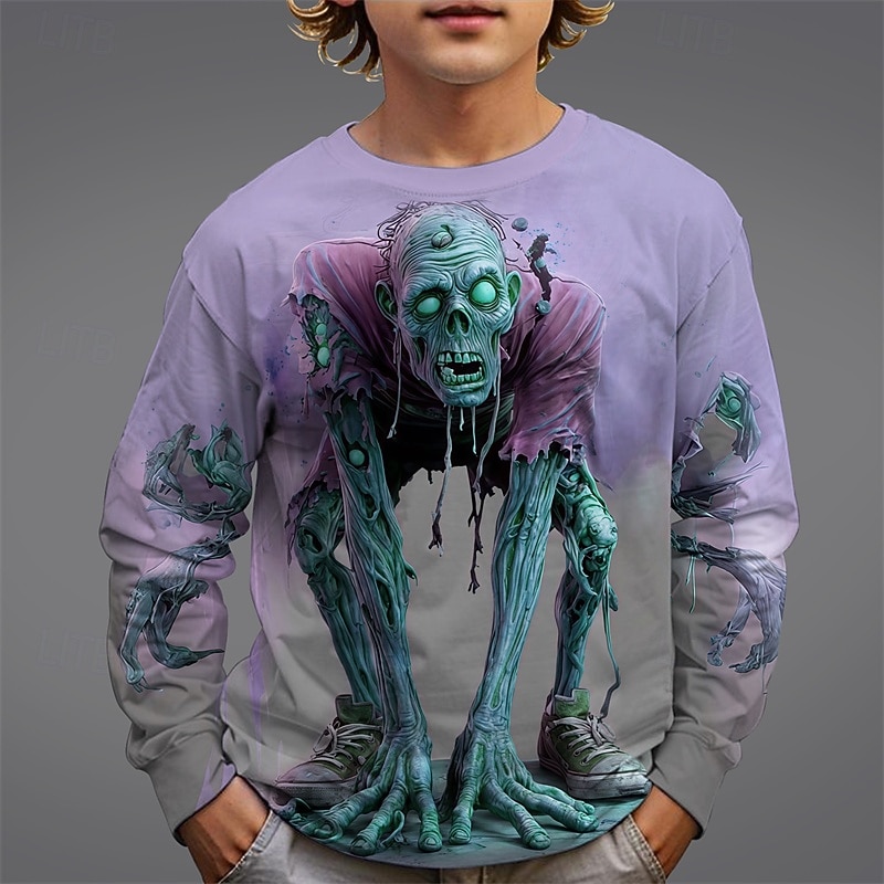 Halloween Jongens 3D Doodskoppen T-shirt Lange mouw Lente Herfst Modieus Basic Kinderen 4-12 jaar Strakke ronde hals Buiten Casual Dagelijks Normale pasvorm 2026 - $15.49 –P3