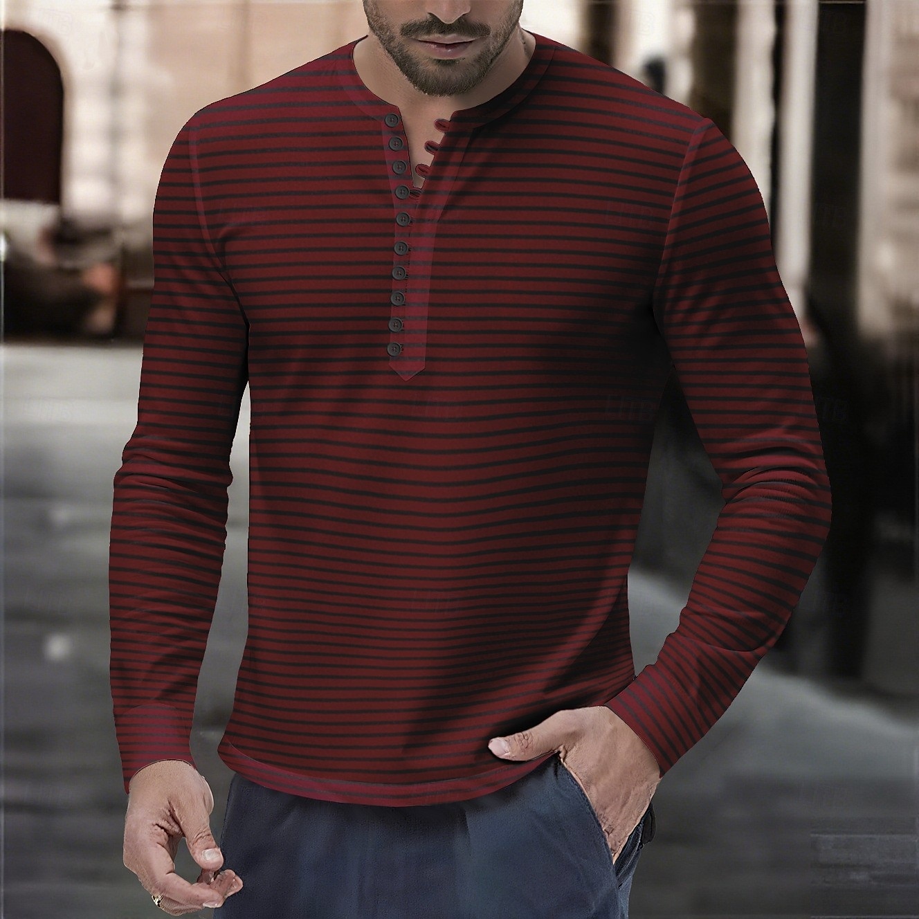 Men's Henley Shirt Tee Henley Top Long Sleeve Horizontal Stripes Fashion Designer Casual Buttons Henley Outdoor Casual Daily Summer Spring All Seasons Wine Yellow Navy Blue Henley T-Shirt 2026 - $25.99 –P5